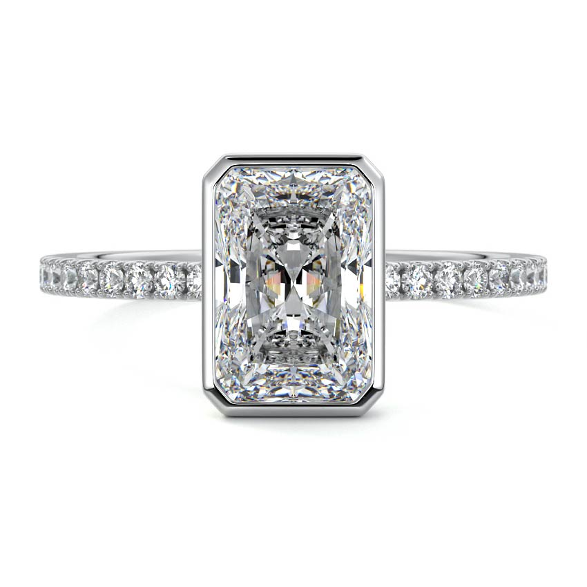 White gold Radiant Bezel Set Solitaire Diamond Engagement Ring with Pave Band