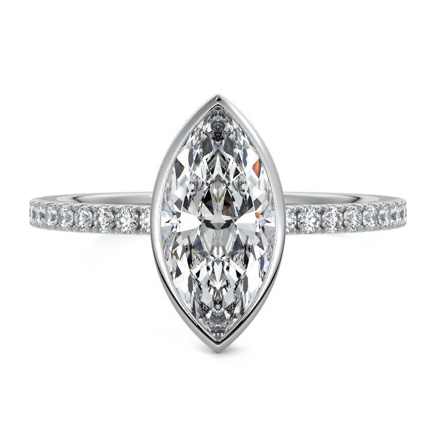 Silver Marquise Bezel Set Solitaire Diamond Engagement Ring with Pave Band