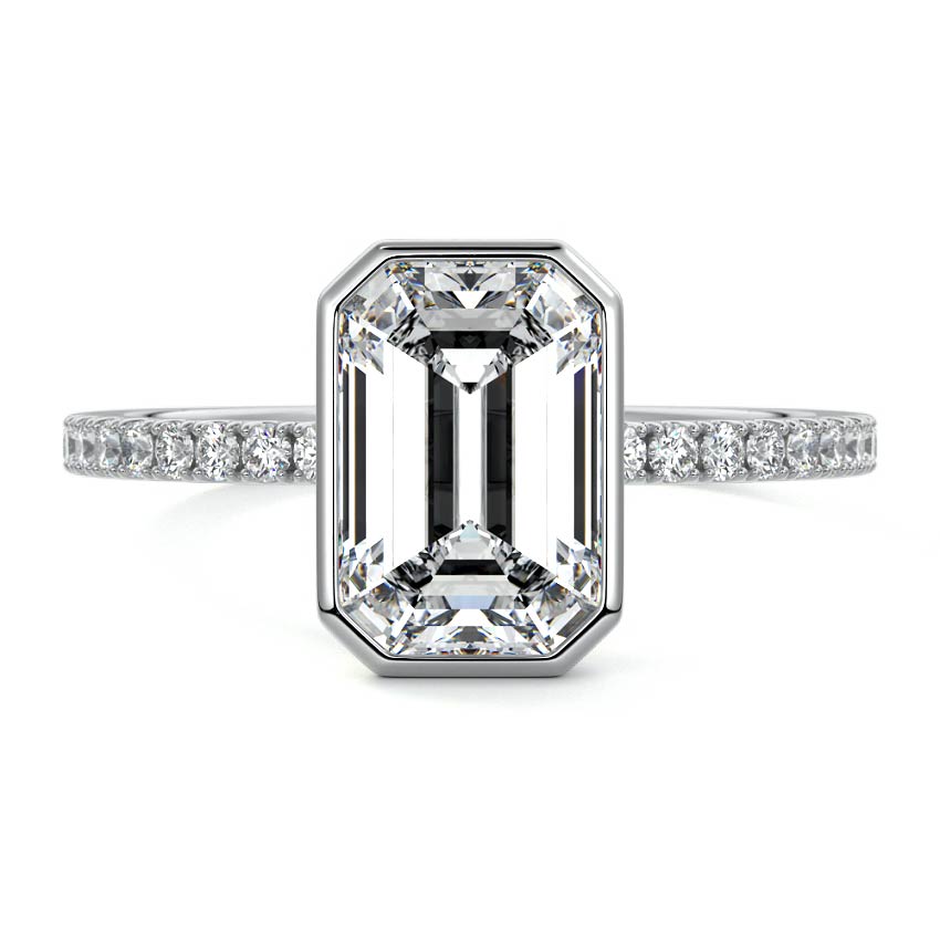 Platinum Emerald Bezel Set Solitaire Diamond Engagement Ring with Pave Band
