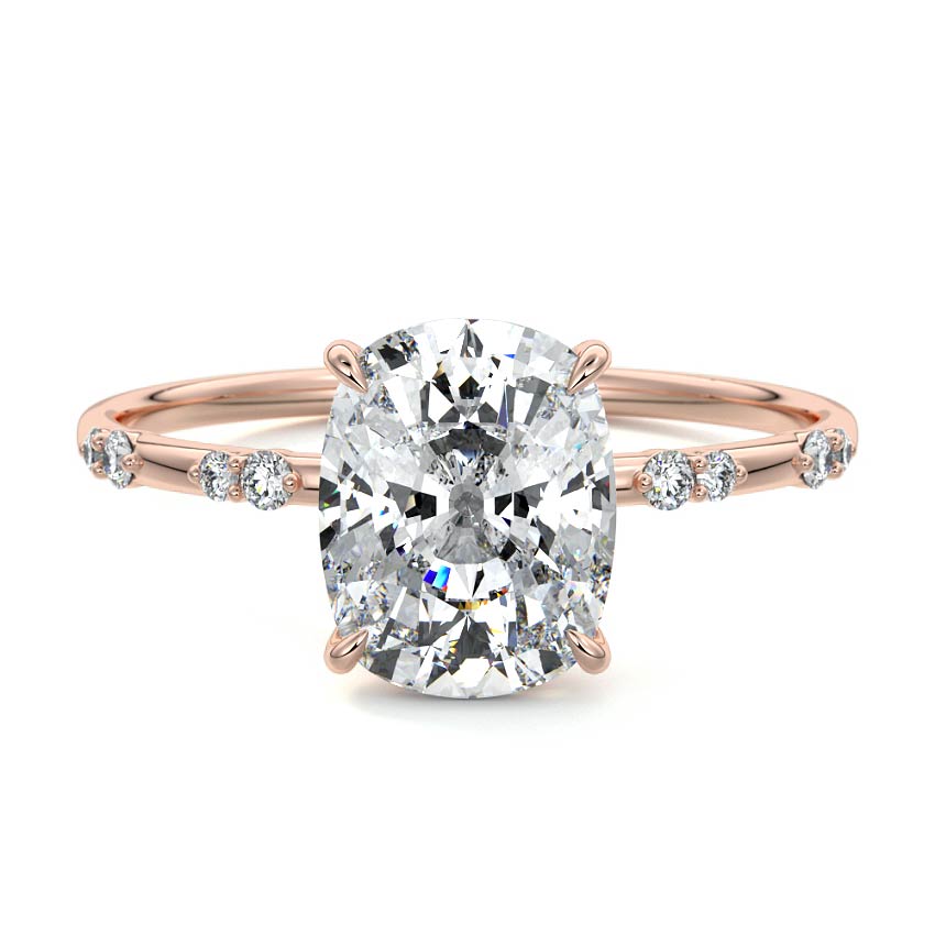 Rose gold Cushion Diamond Engagement Ring with Minimal Round Side Stones and Prong Setting