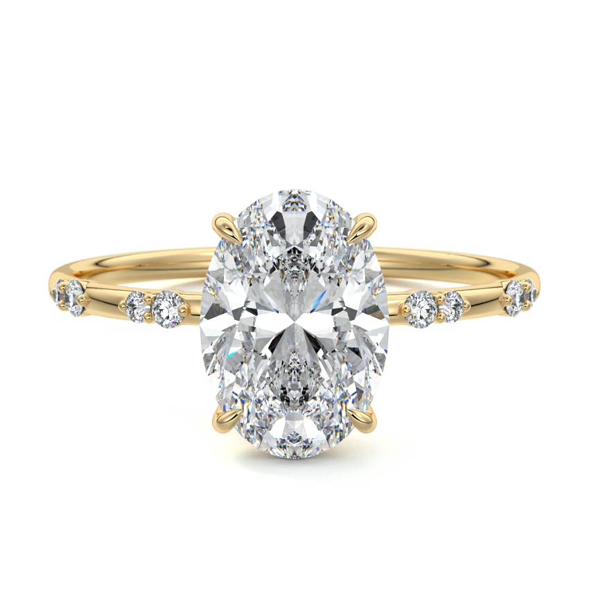 Yellow gold Oval Diamond Engagement Ring with Minimal Round Side Stones and Prong Setting