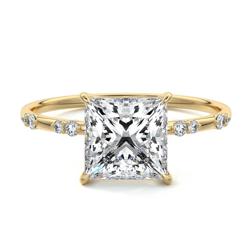 Yellow gold Princess Diamond Engagement Ring with Minimal Round Side Stones and Prong Setting