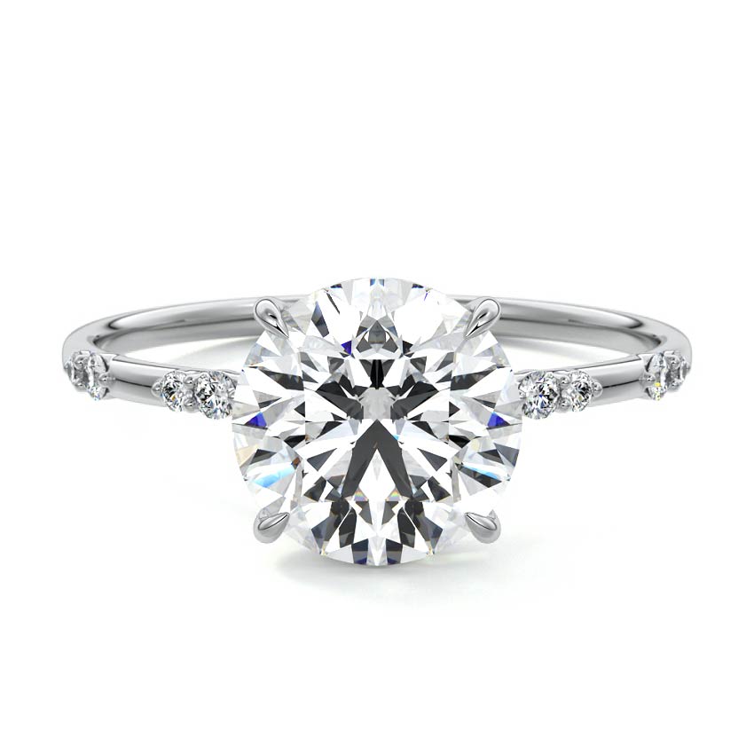 Silver Round Diamond Engagement Ring with Minimal Round Side Stones and Prong Setting