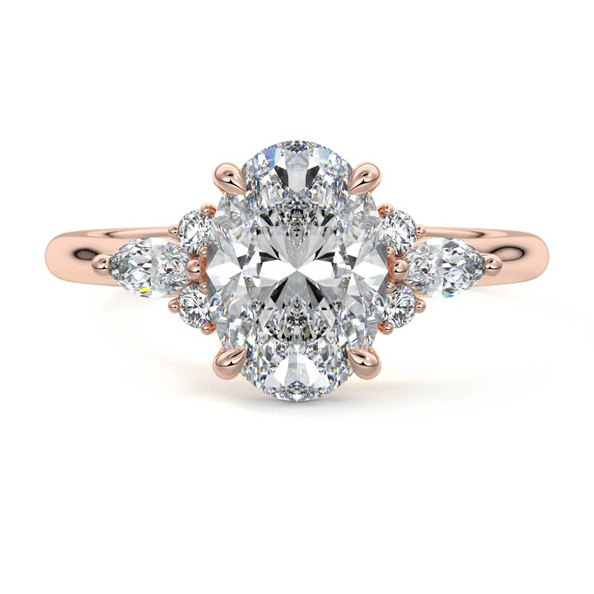 Rose gold Oval Diamond Engagement Ring with Marquise and Round Cluster Side Stones