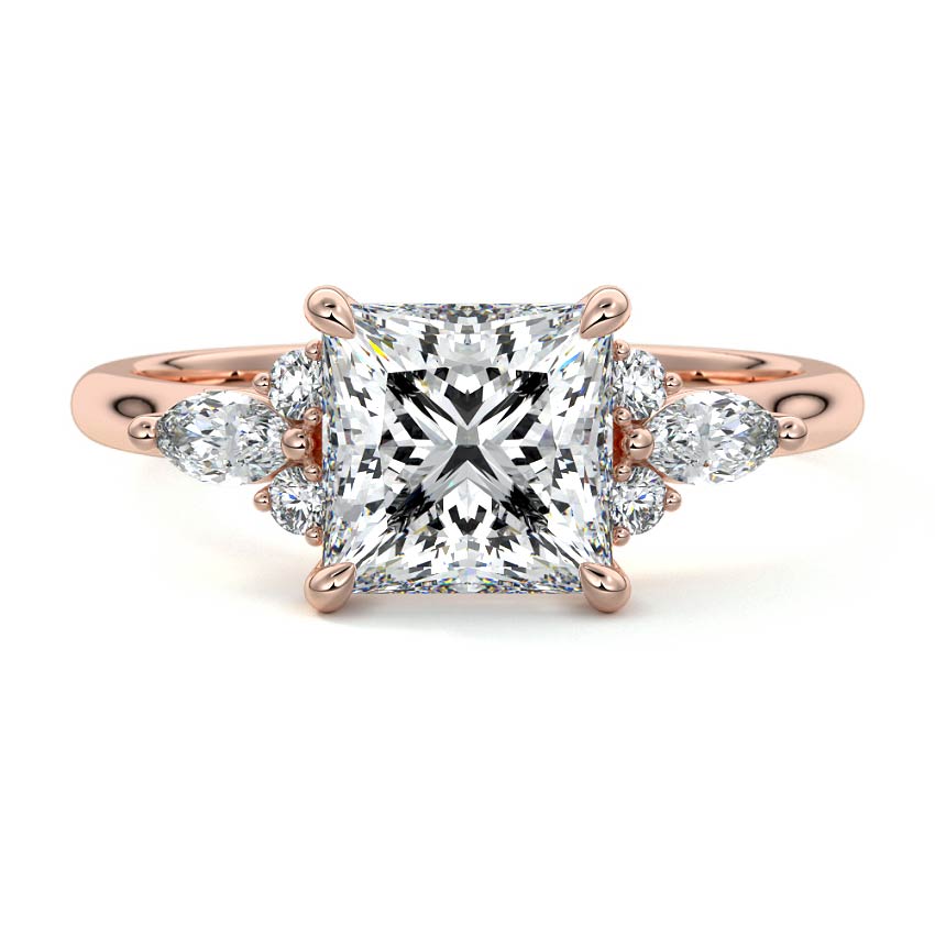 Rose gold Princess Diamond Engagement Ring with Marquise and Round Cluster Side Stones