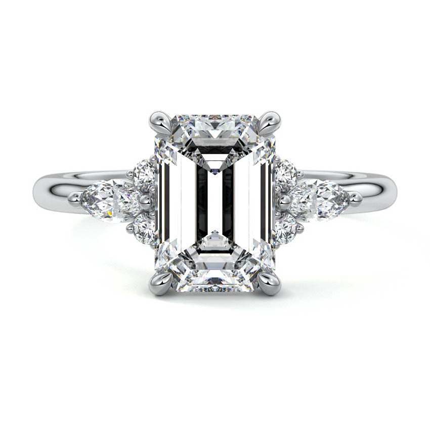 White gold Emerald Diamond Engagement Ring with Marquise and Round Cluster Side Stones