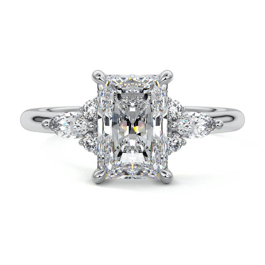 Platinum Radiant Diamond Engagement Ring with Marquise and Round Cluster Side Stones