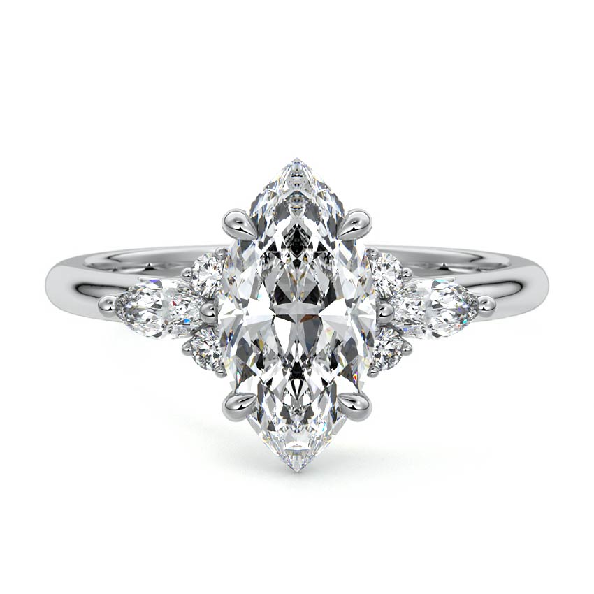 Platinum Marquise Diamond Engagement Ring with Marquise and Round Cluster Side Stones