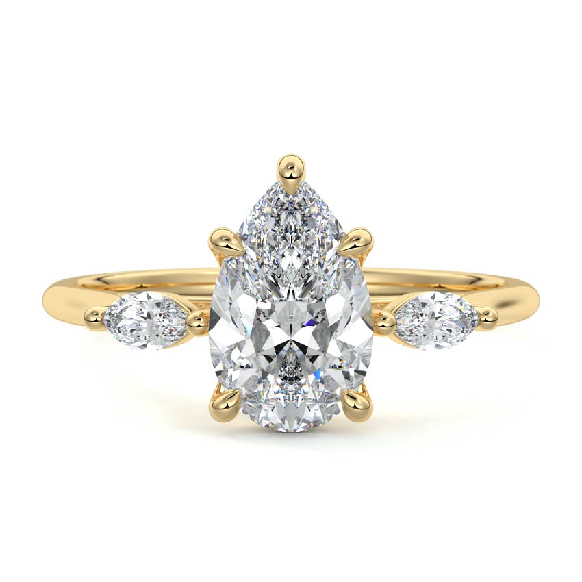 Yellow gold Three-Stone Pear Diamond Ring with Marquise Side Stones