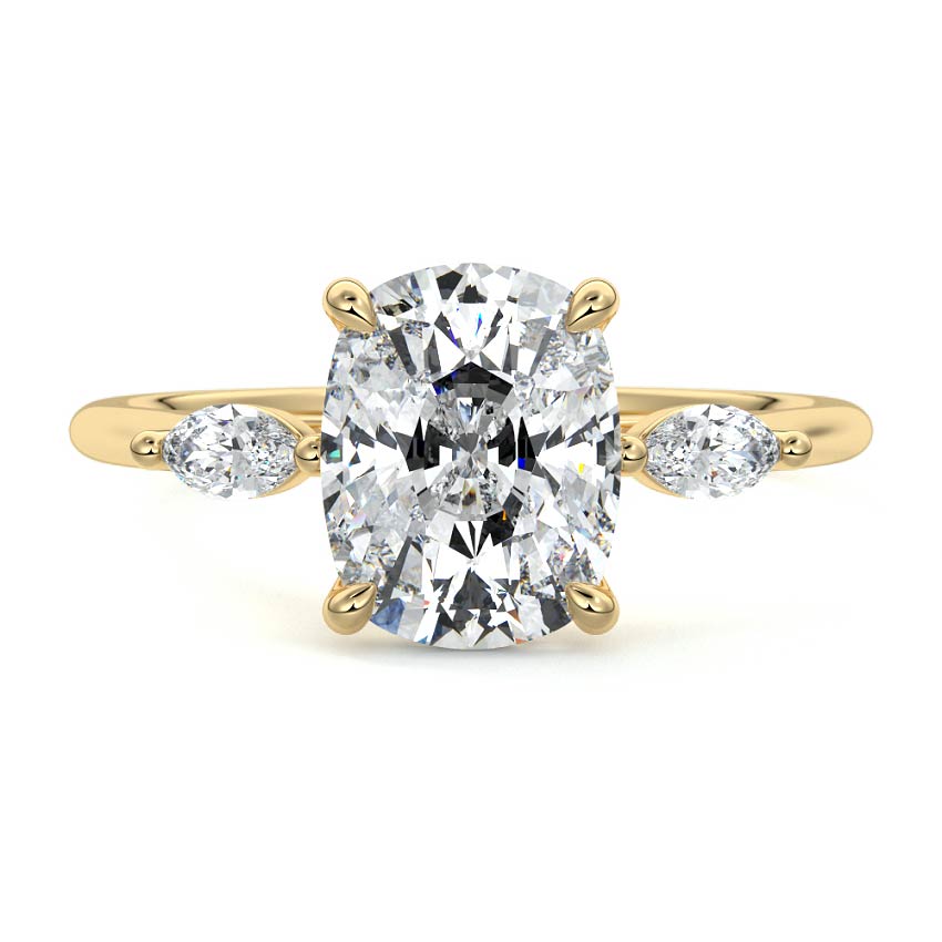 Yellow gold Three-Stone Cushion Diamond Ring with Marquise Side Stones