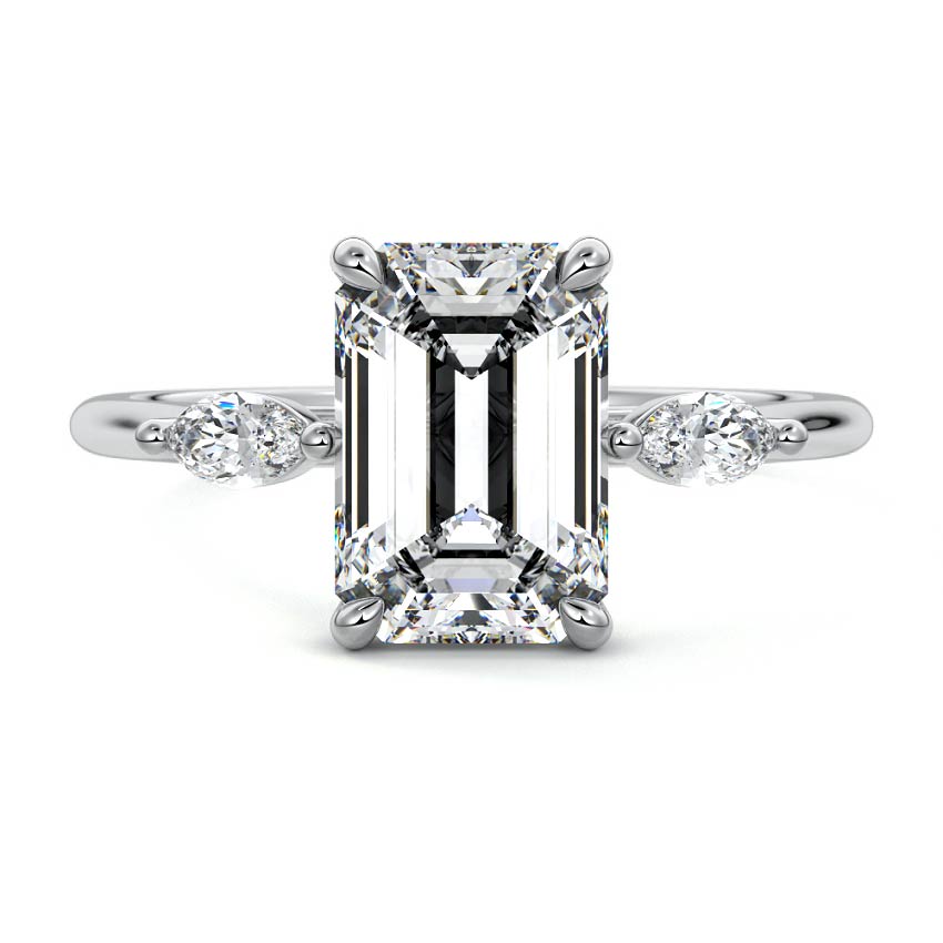 White gold Three-Stone Emerald Diamond Ring with Marquise Side Stones