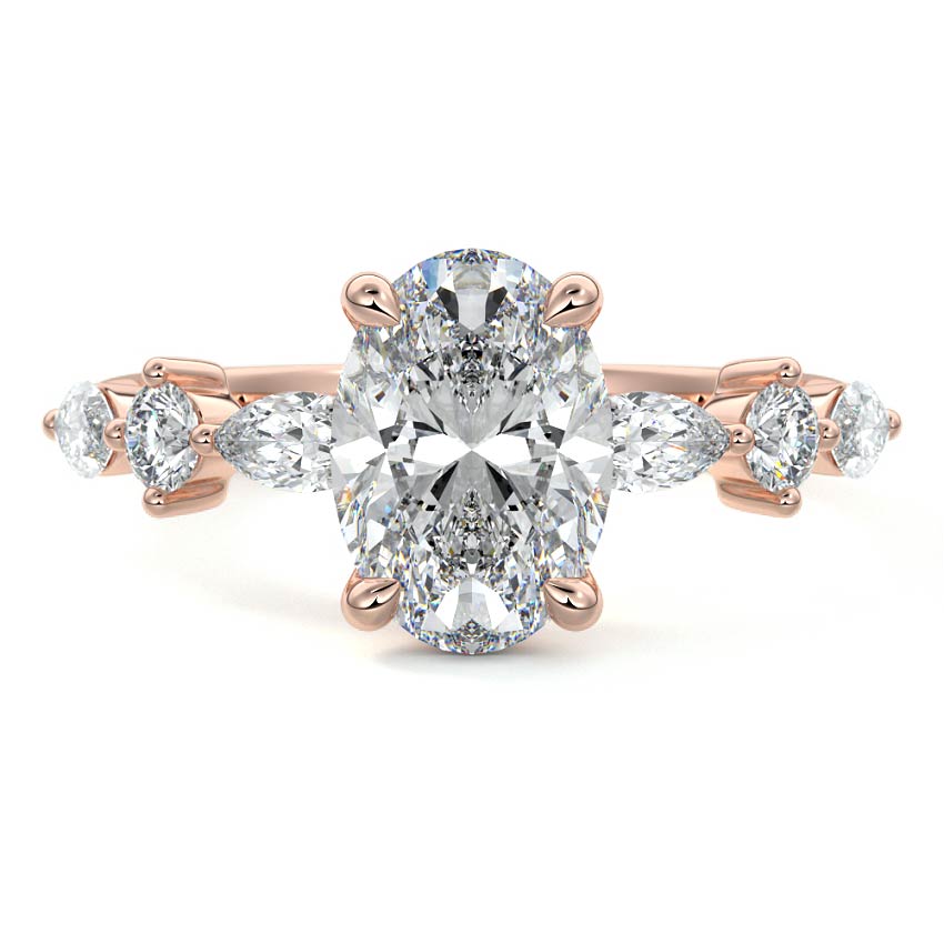Rose gold Oval Diamond Engagement Ring with Marquise and Round Side Stones