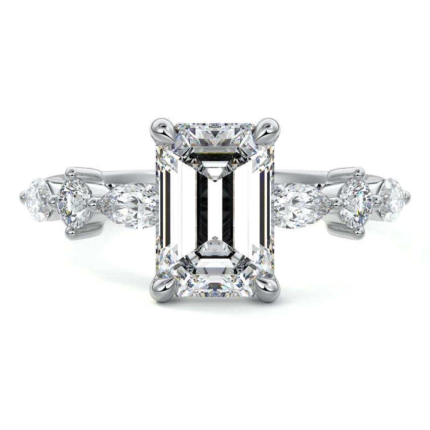 White gold Emerald Diamond Engagement Ring with Marquise and Round Side Stones
