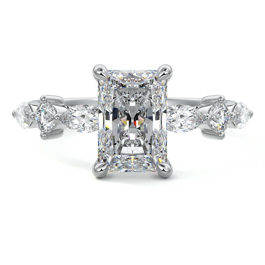 Silver Radiant Diamond Engagement Ring with Marquise and Round Side Stones