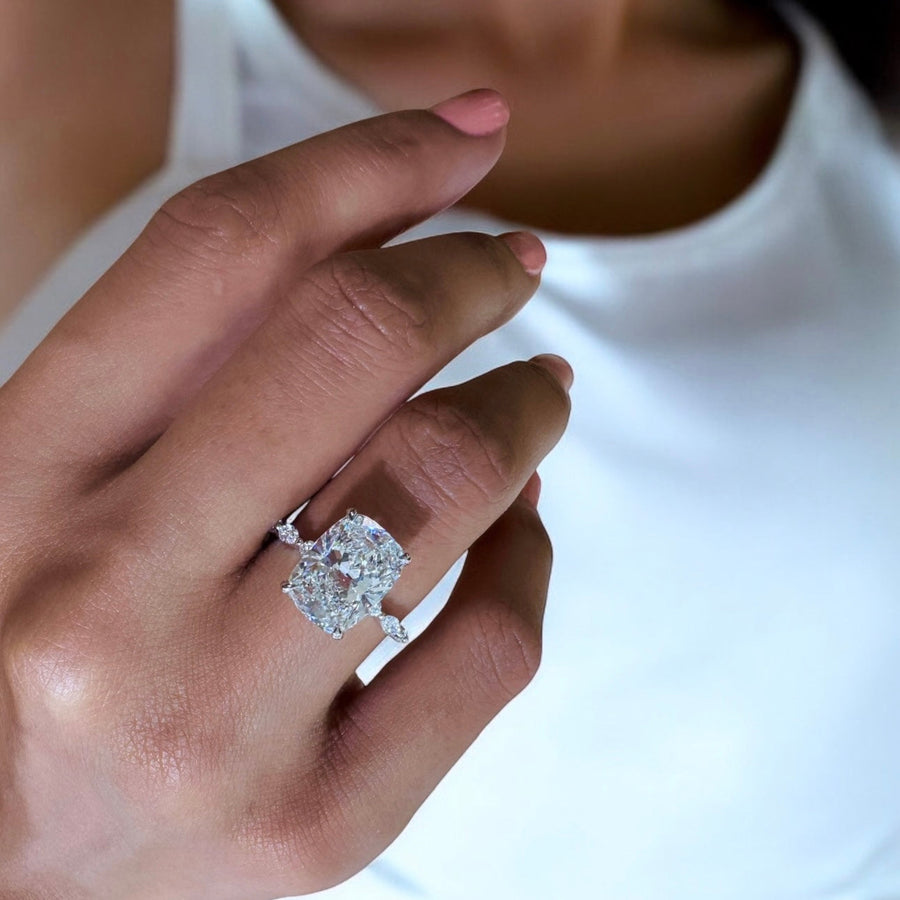 Silver Cushion Diamond Engagement Ring with Marquise and Round Side Stones