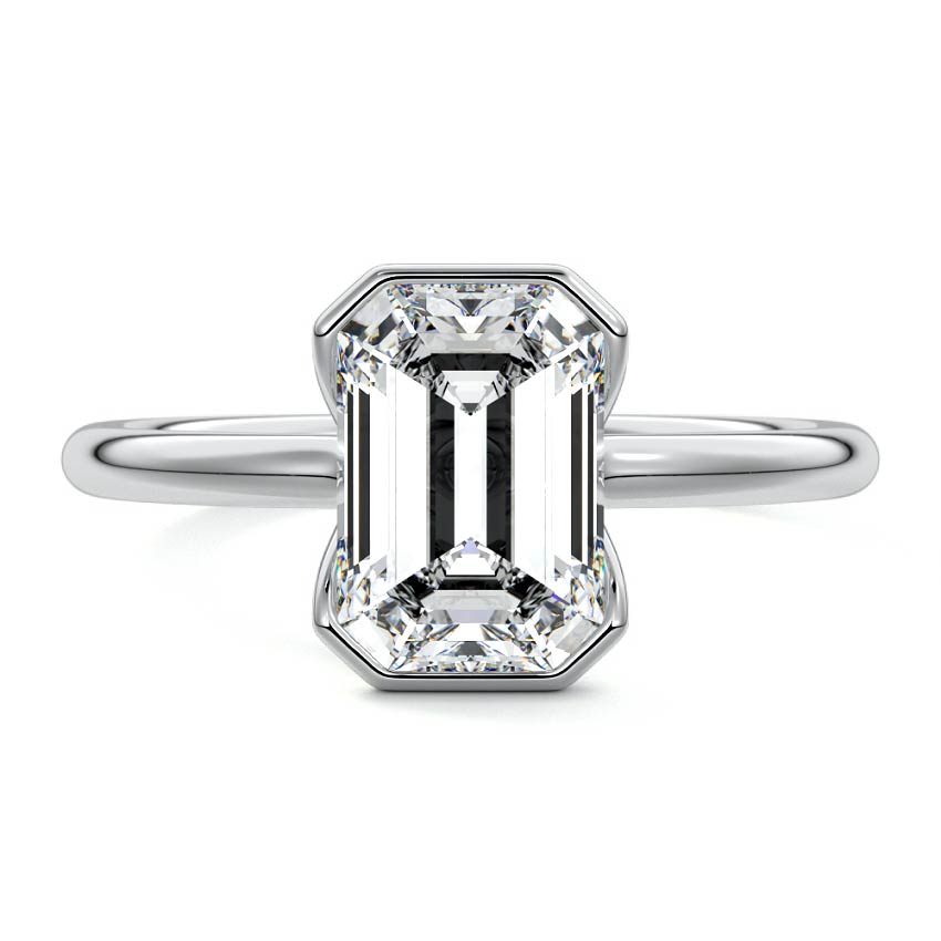 White gold Emerald Diamond Solitaire Ring with Bezel Setting