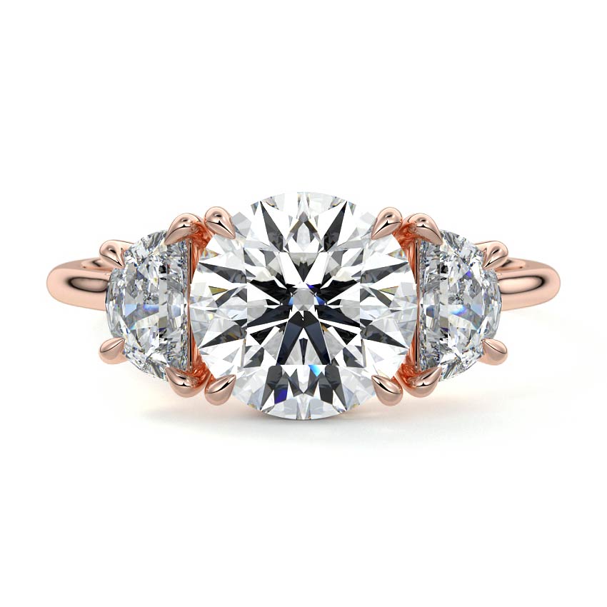 Rose gold Three-Stone Round Diamond Ring with Half Moon Side Stones