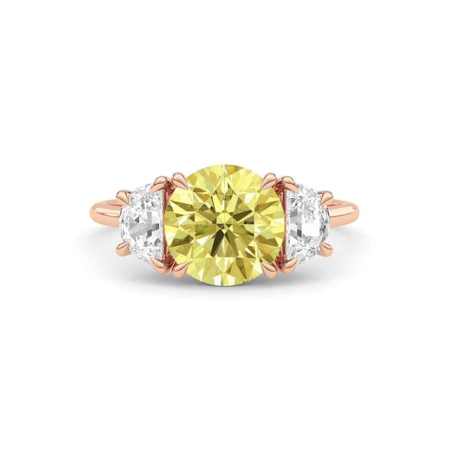 Rose gold Three-Stone Fancy Yellow Round Cut Diamond Ring with Half Moon Side Stones
