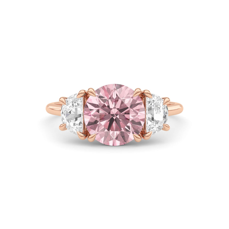 Rose gold Three-Stone Fancy Pink Round Cut Diamond Ring with Half Moon Side Stones