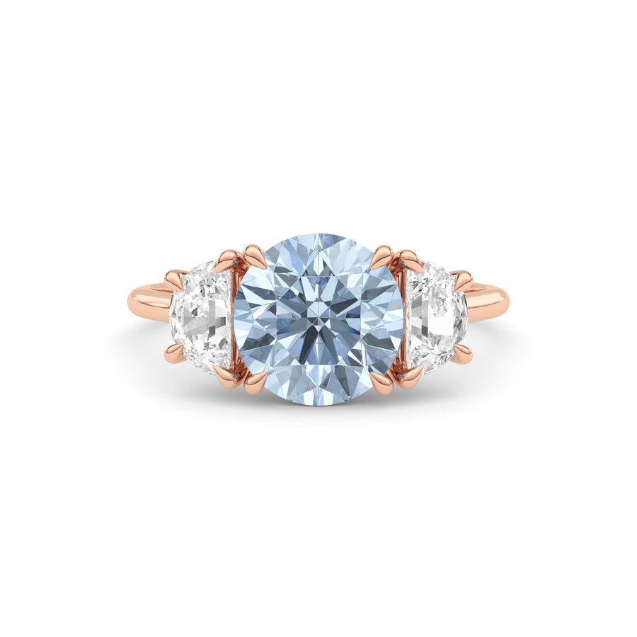 Rose gold Three-Stone Fancy Blue Round Cut Diamond Ring with Half Moon Side Stones