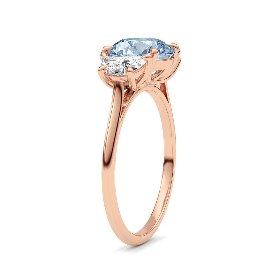 Rose gold Three-Stone Fancy Blue Round Cut Diamond Ring with Half Moon Side Stones