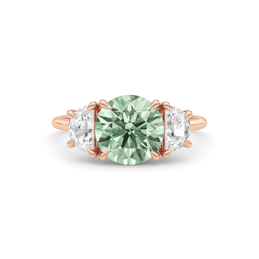 Rose gold Three-Stone Fancy Green Round Cut Diamond Ring with Half Moon Side Stones