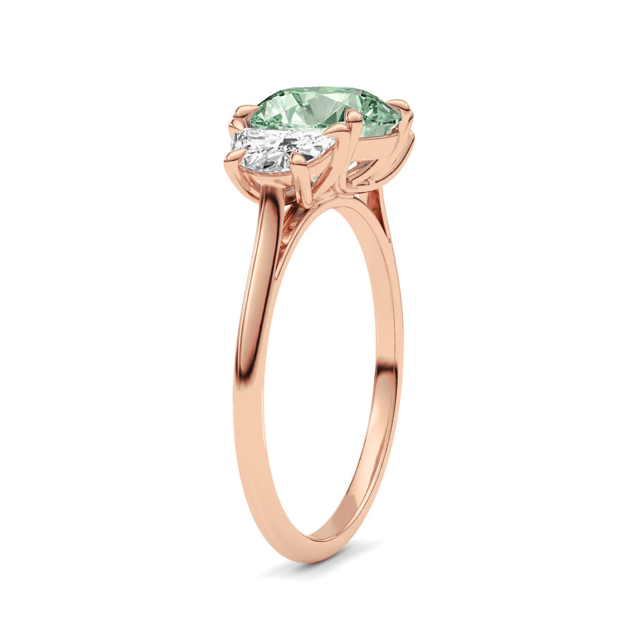 Rose gold Three-Stone Fancy Green Round Cut Diamond Ring with Half Moon Side Stones
