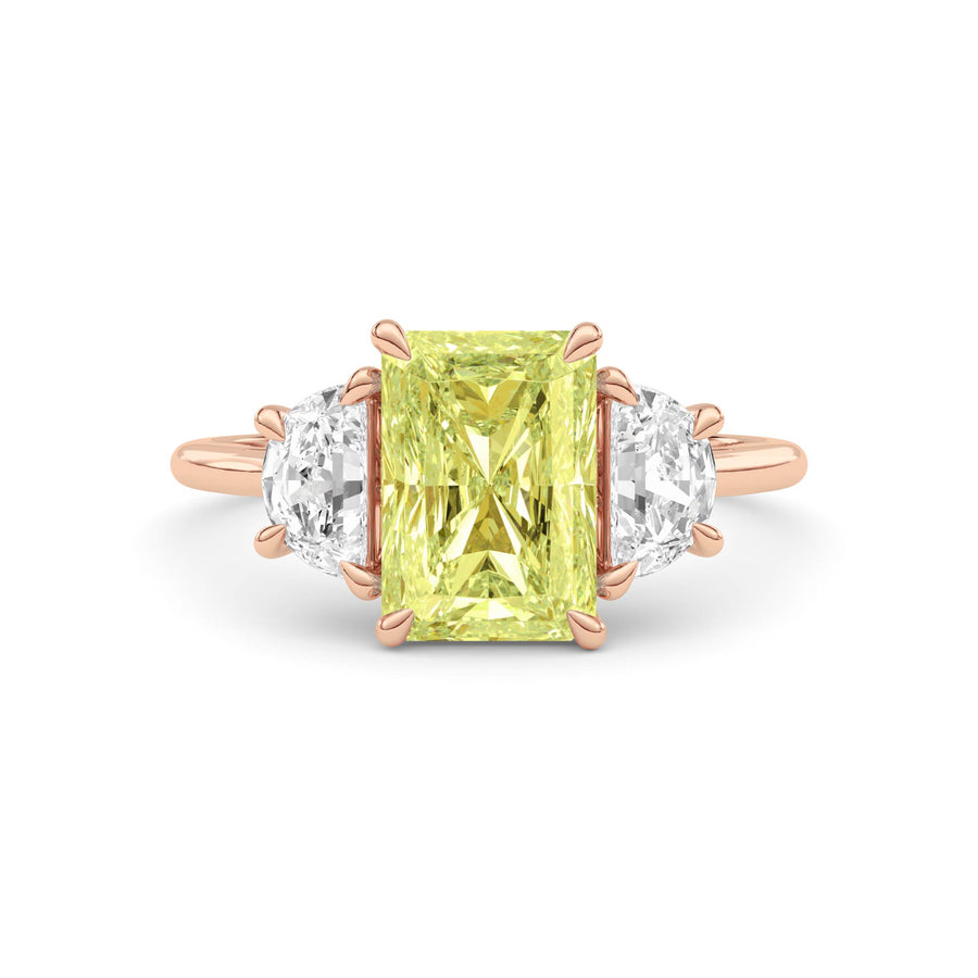 Rose gold Three-Stone Fancy Yellow Radiant Cut Diamond Ring with Half Moon Side Stones