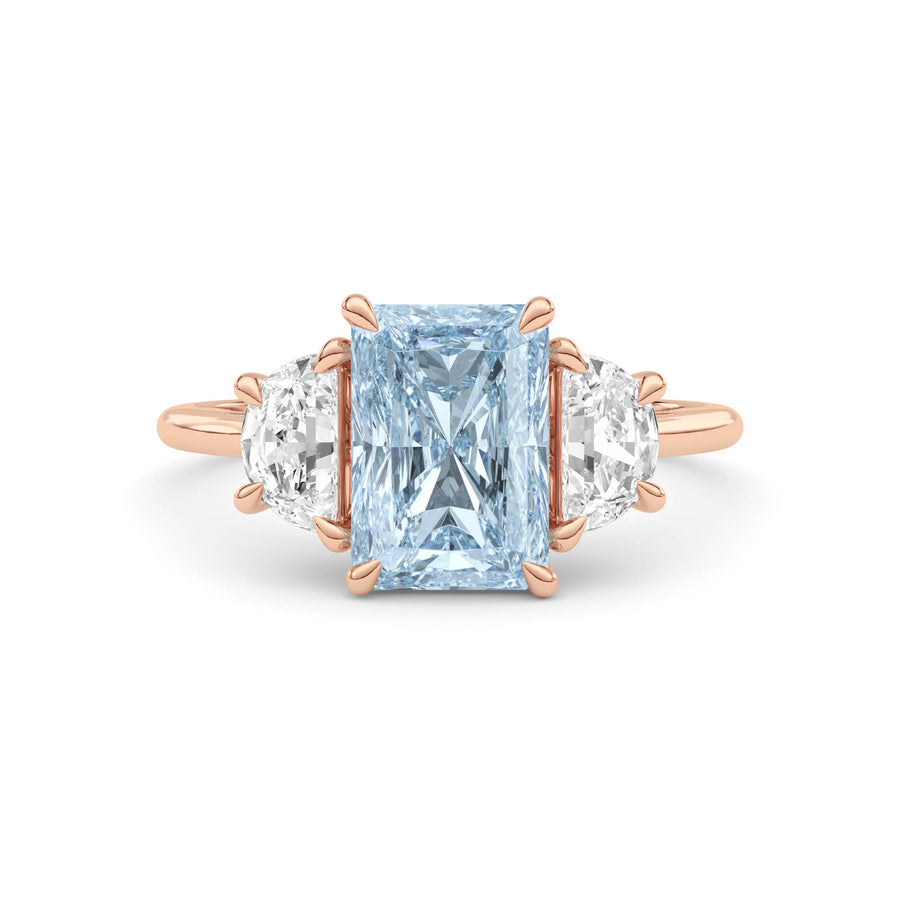 Rose gold Three-Stone Fancy Blue Radiant Cut Diamond Ring with Half Moon Side Stones