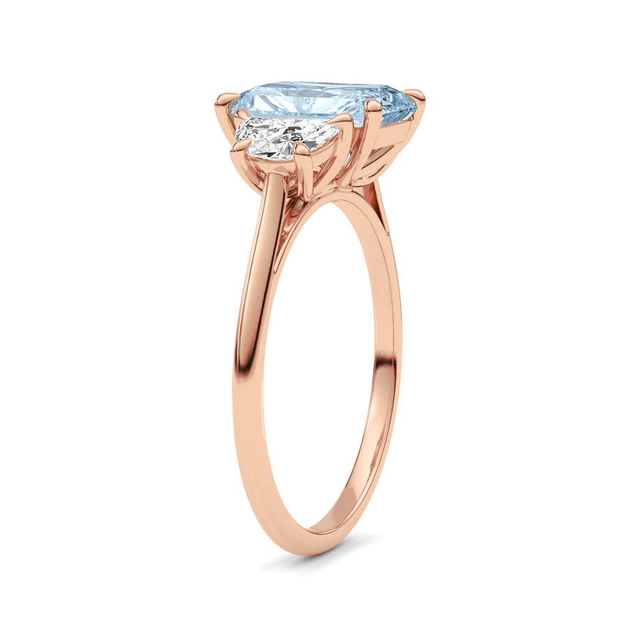 Rose gold Three-Stone Fancy Blue Radiant Cut Diamond Ring with Half Moon Side Stones