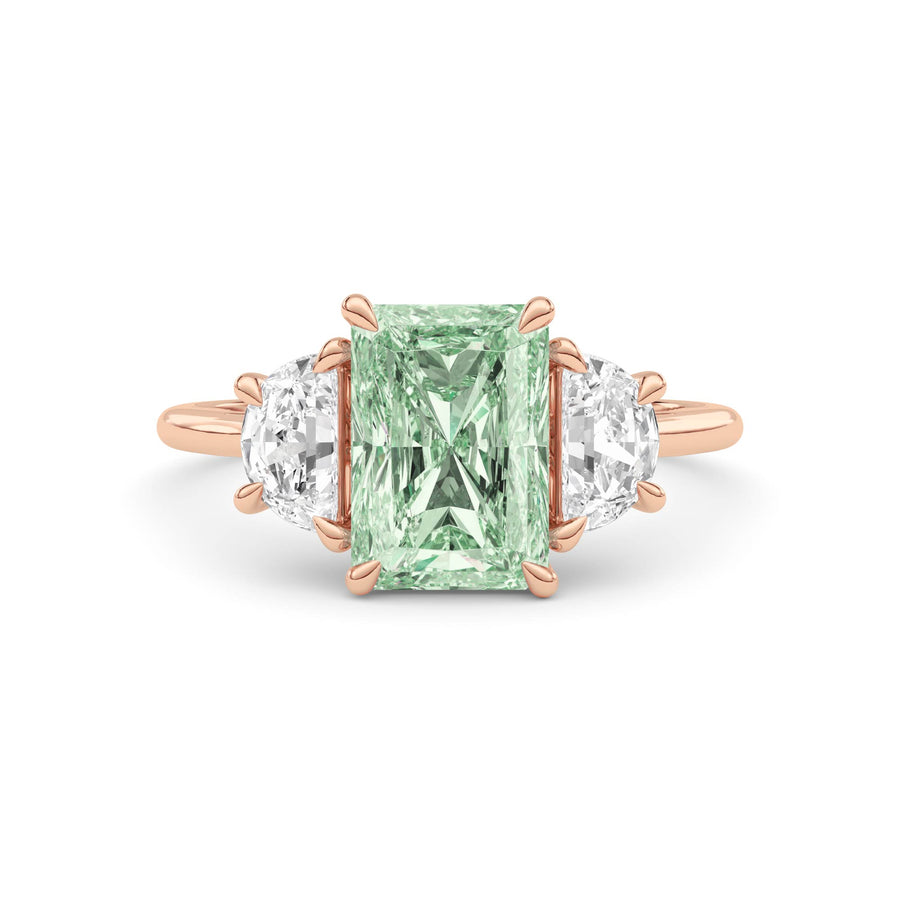 Rose gold Three-Stone Fancy Green Radiant Cut Diamond Ring with Half Moon Side Stones