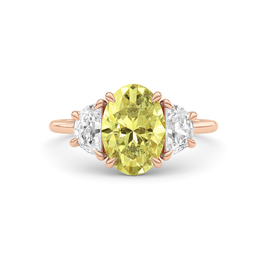 Rose gold Three-Stone Fancy Yellow Oval Cut Diamond Ring with Half Moon Side Stones