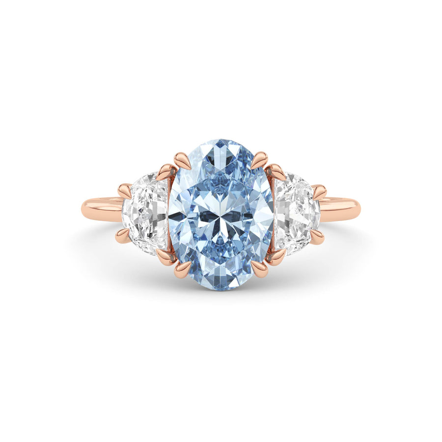 Rose gold Three-Stone Fancy Blue Oval Cut Diamond Ring with Half Moon Side Stones