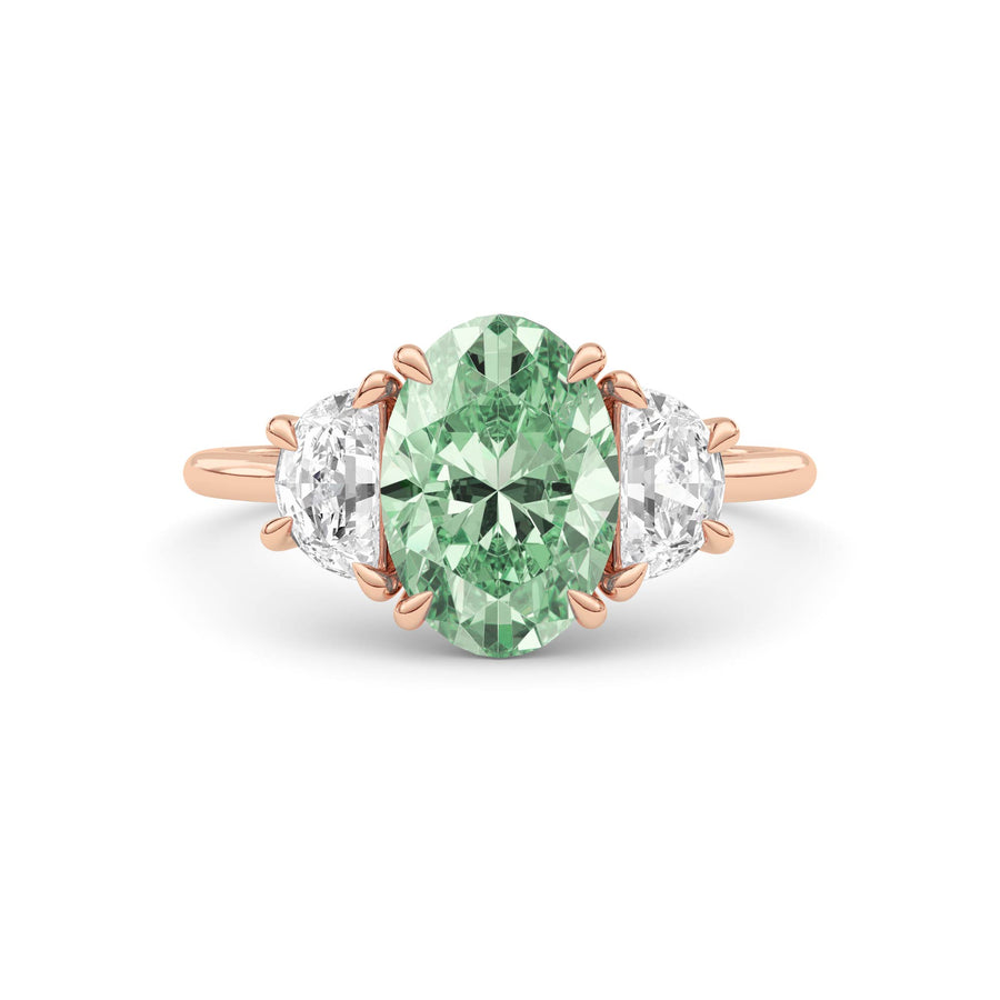 Rose gold Three-Stone Fancy Green Oval Cut Diamond Ring with Half Moon Side Stones