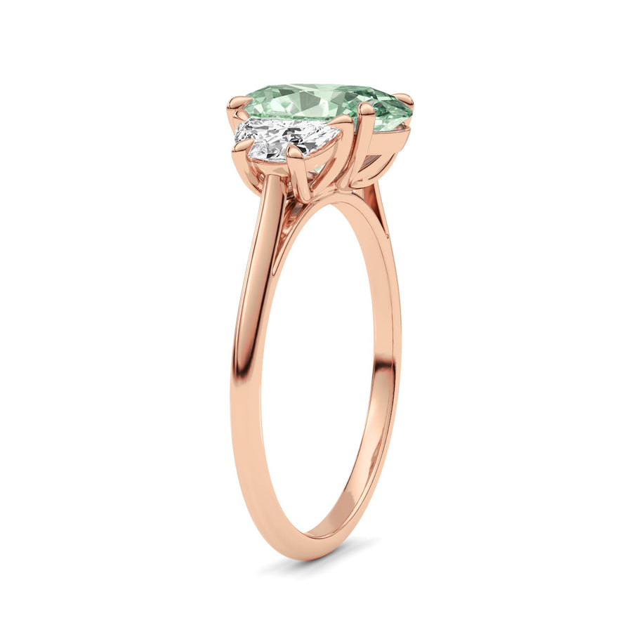 Rose gold Three-Stone Fancy Green Oval Cut Diamond Ring with Half Moon Side Stones