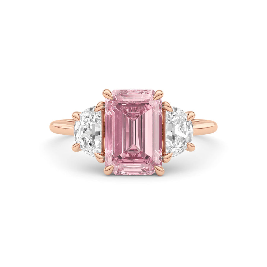 Rose gold Three-Stone Fancy Pink Emerald Cut Diamond Ring with Half Moon Side Stones