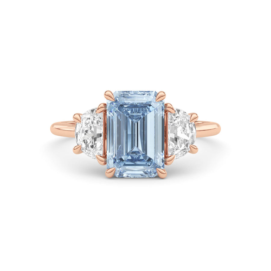 Rose gold Three-Stone Fancy Blue Emerald Cut Diamond Ring with Half Moon Side Stones