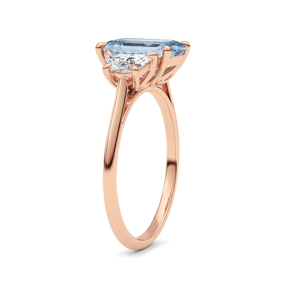 Rose gold Three-Stone Fancy Blue Emerald Cut Diamond Ring with Half Moon Side Stones