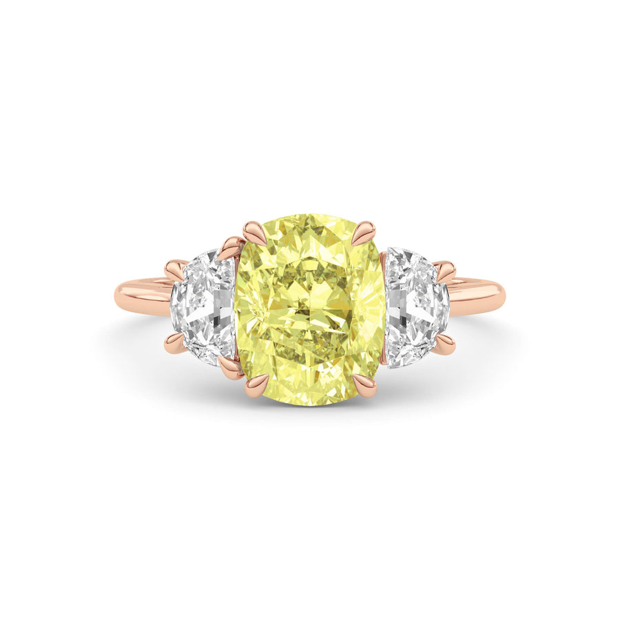 Rose gold Three-Stone Fancy Yellow Cushion Cut Diamond Ring with Half Moon Side Stones