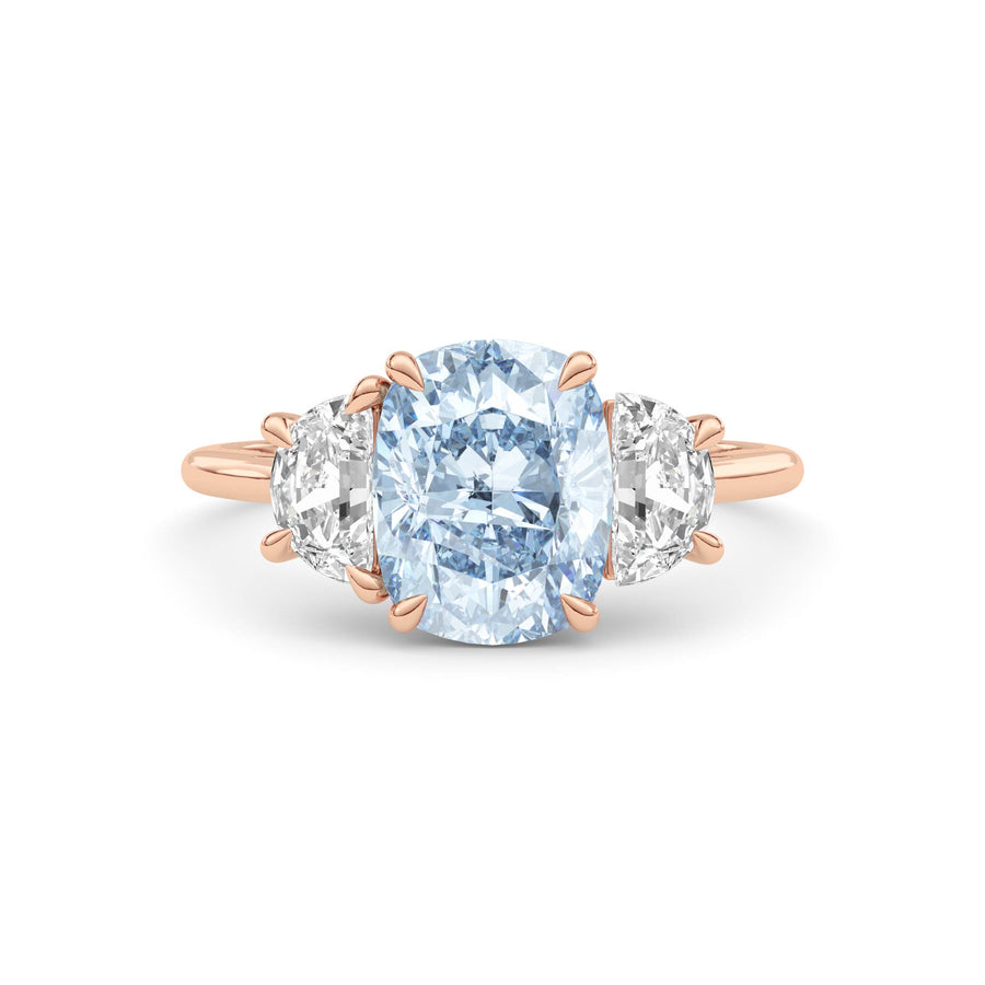 Rose gold Three-Stone Fancy Blue Cushion Cut Diamond Ring with Half Moon Side Stones