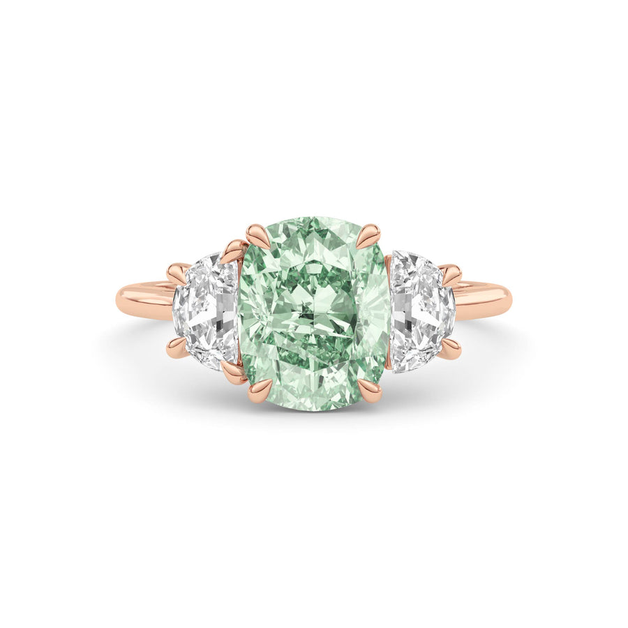 Rose gold Three-Stone Fancy Green Cushion Cut Diamond Ring with Half Moon Side Stones