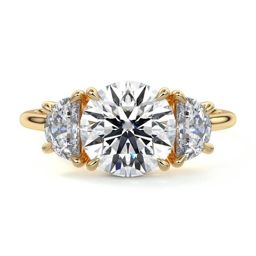 Yellow gold Three-Stone Round Diamond Ring with Half Moon Side Stones