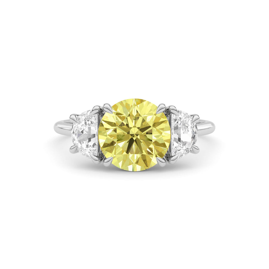 Yellow gold Three-Stone Fancy Yellow Round Cut Diamond Ring with Half Moon Side Stones