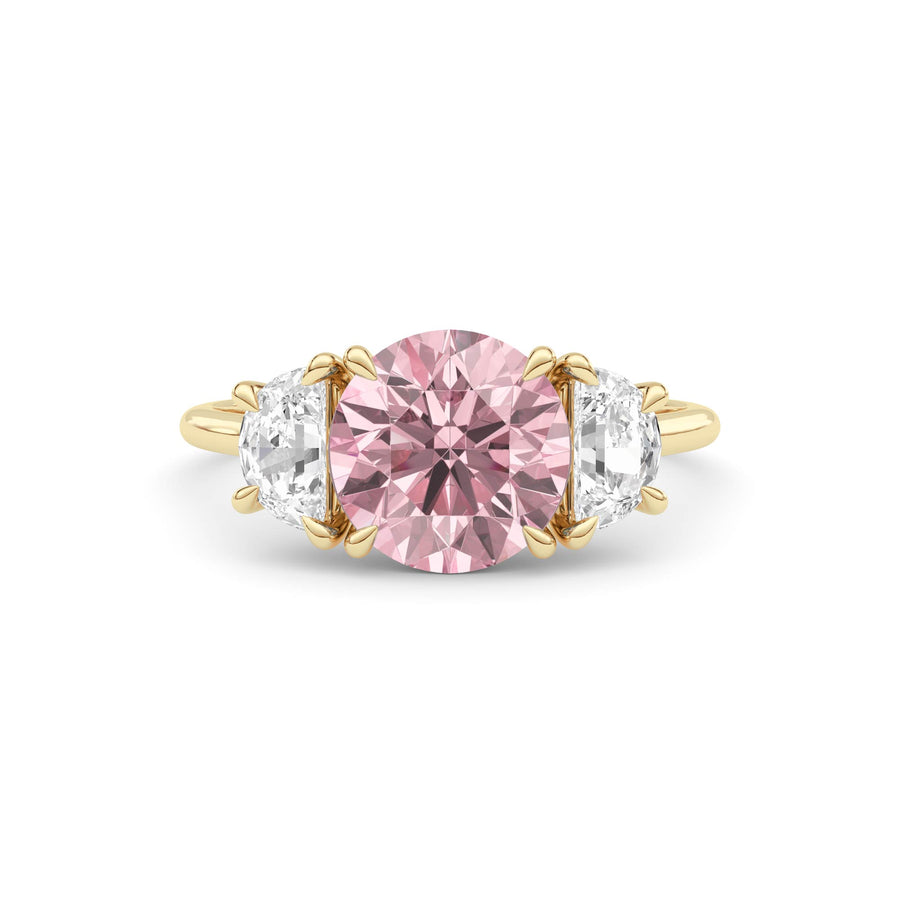 Yellow gold Three-Stone Fancy Pink Round Cut Diamond Ring with Half Moon Side Stones