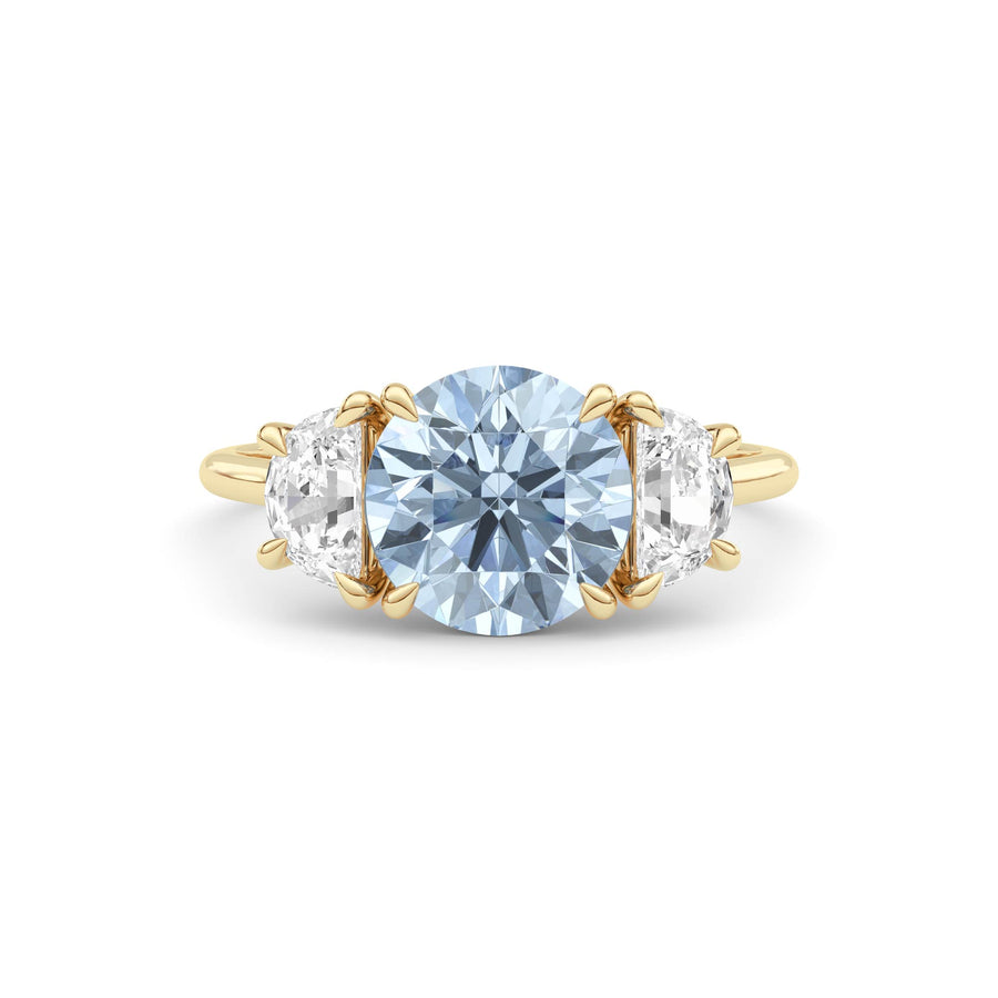 Yellow gold Three-Stone Fancy Blue Round Cut Diamond Ring with Half Moon Side Stones
