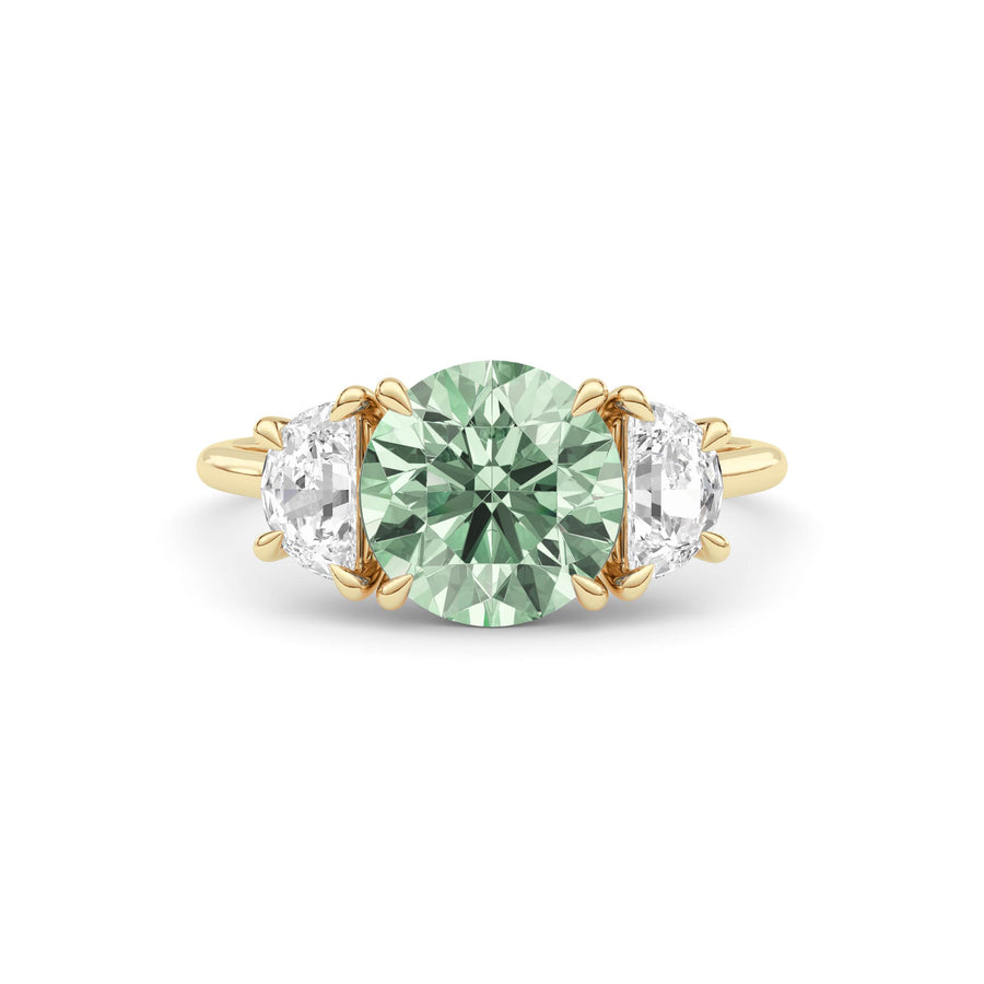 Yellow gold Three-Stone Fancy Green Round Cut Diamond Ring with Half Moon Side Stones