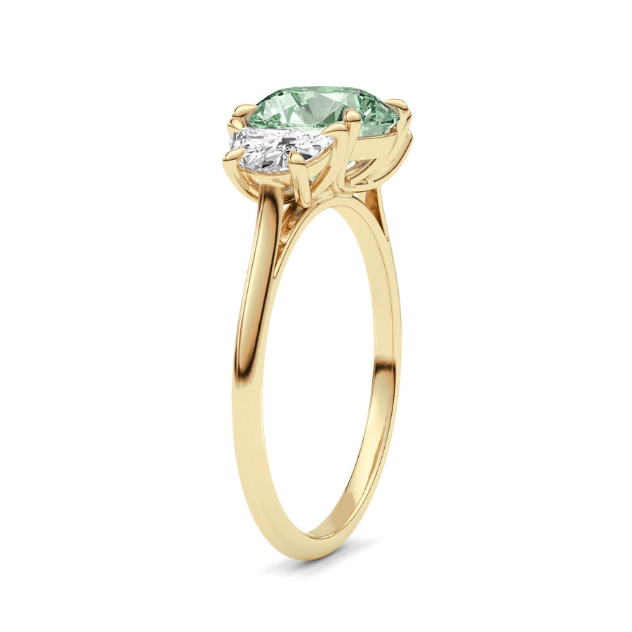 Yellow gold Three-Stone Fancy Green Round Cut Diamond Ring with Half Moon Side Stones