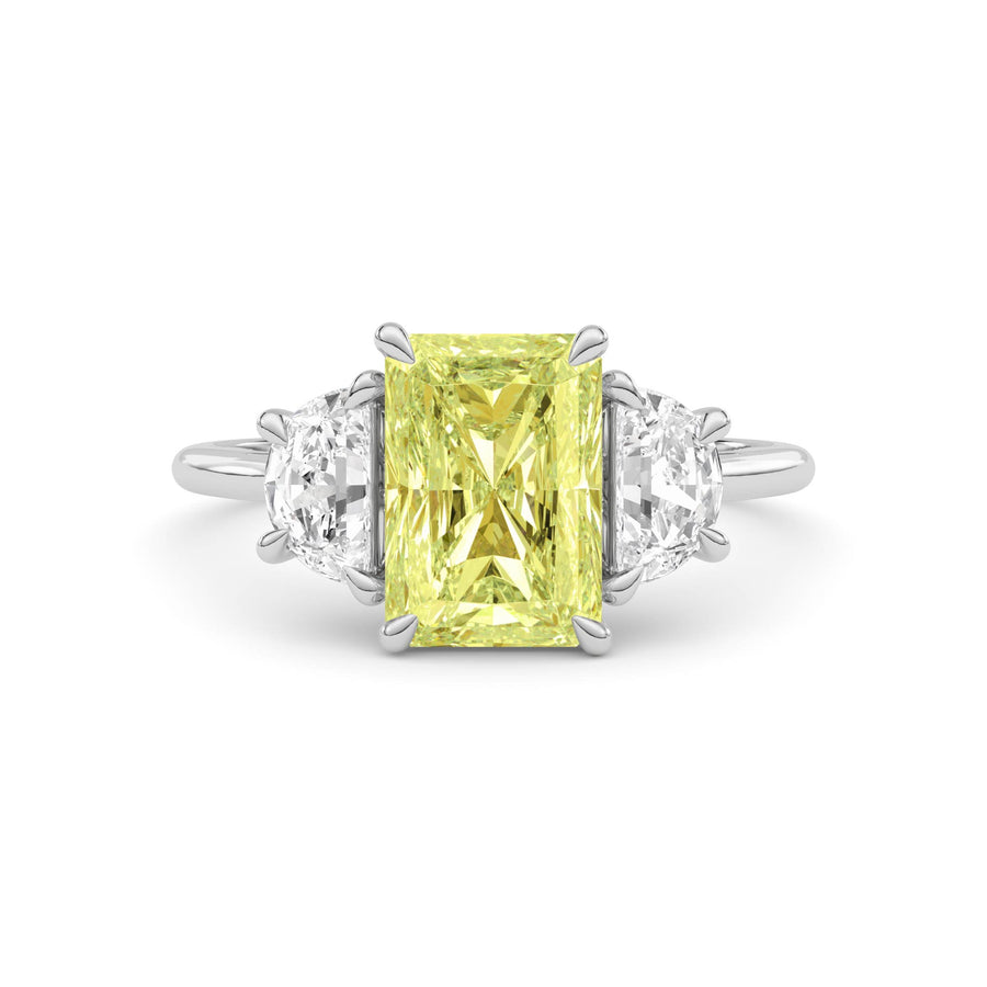 Yellow gold Three-Stone Fancy Yellow Radiant Cut Diamond Ring with Half Moon Side Stones