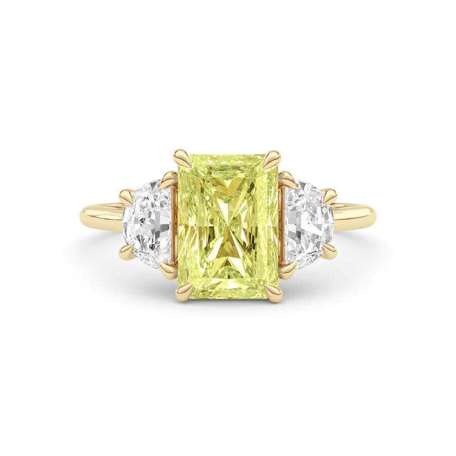 Yellow gold Three-Stone Fancy Yellow Radiant Cut Diamond Ring with Half Moon Side Stones
