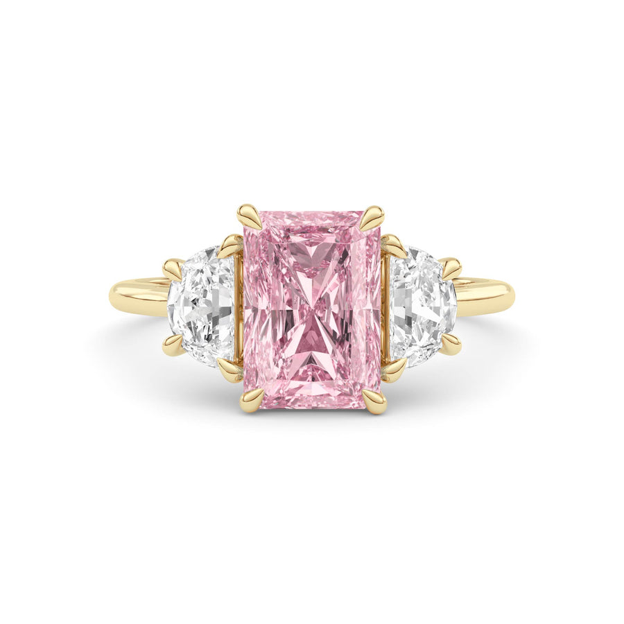 Yellow gold Three-Stone Fancy Pink Radiant Cut Diamond Ring with Half Moon Side Stones